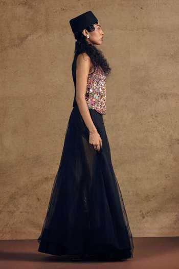 Siddhartha Bansal_Multi Color Net Scoop Neck Sufi Embroidered Top _Online_at_Aza_Fashions