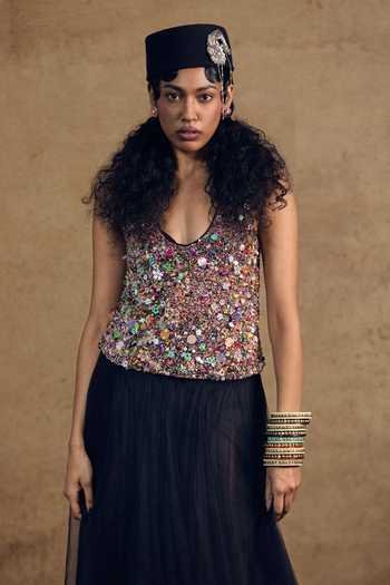 Siddhartha Bansal_Multi Color Net Scoop Neck Sufi Embroidered Top _at_Aza_Fashions