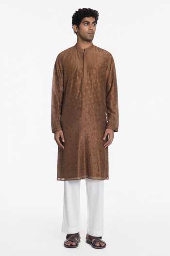 Shop_Siddhartha Bansal_Gold Silk, Chanderi Abstract Embroidered Kurta _Online_at_Aza_Fashions