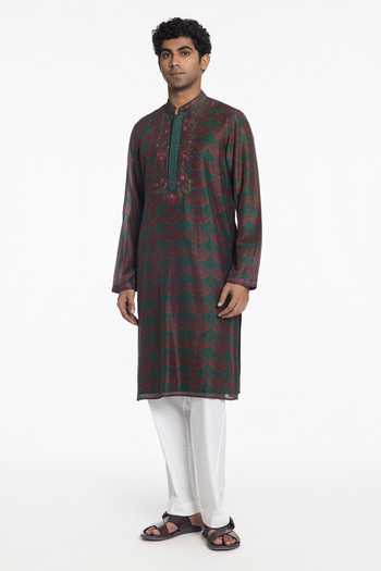 Siddhartha Bansal_Emerald Green Silk, Chanderi Artisan Embroidered Kurta _Online_at_Aza_Fashions