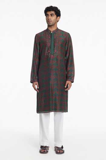 Buy_Siddhartha Bansal_Emerald Green Silk, Chanderi Artisan Embroidered Kurta _Online_at_Aza_Fashions