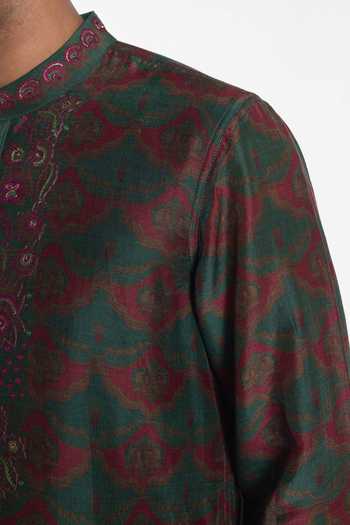 Shop_Siddhartha Bansal_Emerald Green Silk, Chanderi Artisan Embroidered Kurta _Online_at_Aza_Fashions