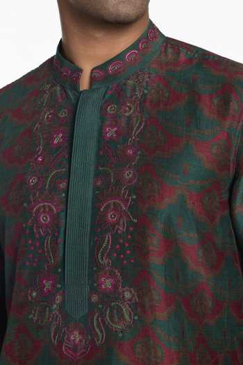 Siddhartha Bansal_Emerald Green Silk, Chanderi Artisan Embroidered Kurta _at_Aza_Fashions