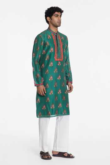 Siddhartha Bansal Green Silk, Chanderi Floral Embroidered Kurta Online at Aza Fashions Siddhartha Bansal_Green Silk, Chanderi Floral Embroidered Kurta _Online_at_Aza_Fashions