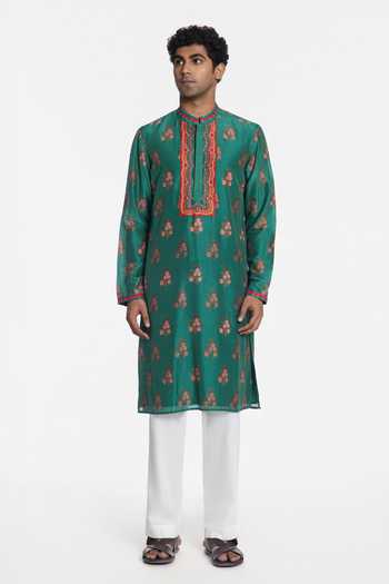 Buy Siddhartha Bansal Green Silk, Chanderi Floral Embroidered Kurta Online at Aza Fashions Buy_Siddhartha Bansal_Green Silk, Chanderi Floral Embroidered Kurta _Online_at_Aza_Fashions