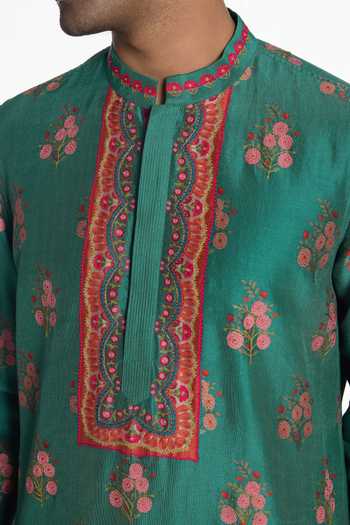Shop Siddhartha Bansal Green Silk, Chanderi Floral Embroidered Kurta Online at Aza Fashions Shop_Siddhartha Bansal_Green Silk, Chanderi Floral Embroidered Kurta _Online_at_Aza_Fashions