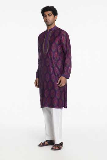 Buy_Siddhartha Bansal_Purple Silk, Chanderi The Imperial Violet Embroidered Kurta _Online_at_Aza_Fashions