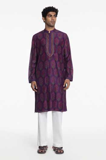 Shop_Siddhartha Bansal_Purple Silk, Chanderi The Imperial Violet Embroidered Kurta _Online_at_Aza_Fashions