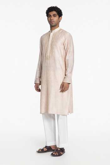 Buy_Siddhartha Bansal_Ivory Silk, Chanderi Bloom Print Kurta _Online_at_Aza_Fashions
