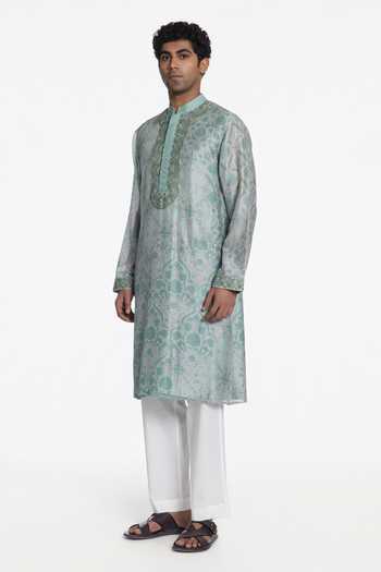 Siddhartha Bansal_Green Silk, Chanderi Aqua Bloom Printed Kurta _Online_at_Aza_Fashions