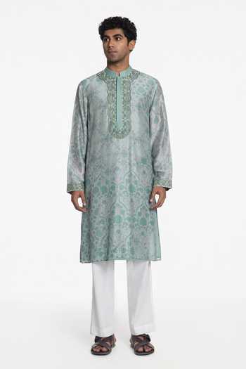 Buy_Siddhartha Bansal_Green Silk, Chanderi Aqua Bloom Printed Kurta _Online_at_Aza_Fashions