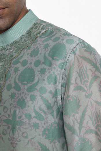 Shop_Siddhartha Bansal_Green Silk, Chanderi Aqua Bloom Printed Kurta _Online_at_Aza_Fashions