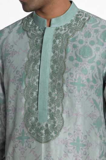 Siddhartha Bansal_Green Silk, Chanderi Aqua Bloom Printed Kurta _at_Aza_Fashions