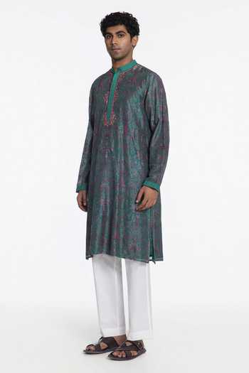 Siddhartha Bansal_Green Silk, Chanderi Midnight Teal Printed Kurta _Online_at_Aza_Fashions