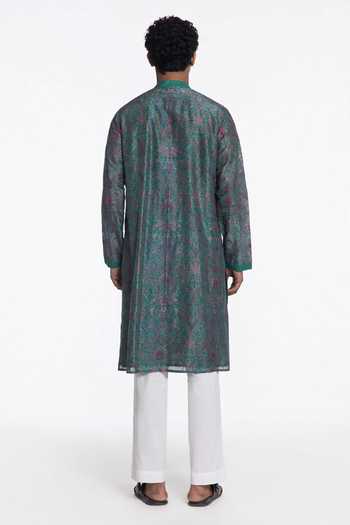 Siddhartha Bansal Midnight Teal Printed Kurta