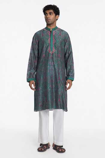 Buy_Siddhartha Bansal_Green Silk, Chanderi Midnight Teal Printed Kurta _Online_at_Aza_Fashions
