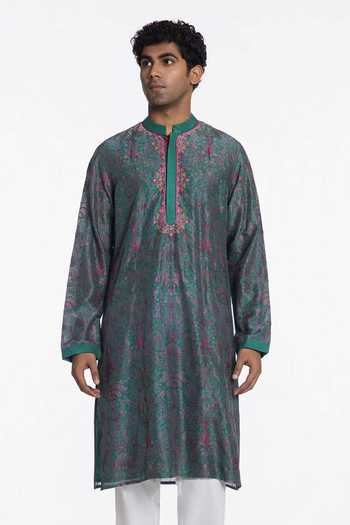 Siddhartha Bansal Midnight Teal Printed Kurta