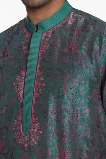 Siddhartha Bansal_Green Silk, Chanderi Midnight Teal Printed Kurta _at_Aza_Fashions