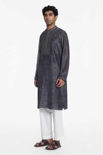 Siddhartha Bansal_Grey Silk, Chanderi Slate Bloom Printed Kurta _Online_at_Aza_Fashions