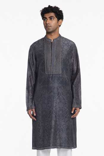 Siddhartha Bansal Slate Grey Bloom Printed Kurta