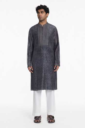 Buy_Siddhartha Bansal_Grey Silk, Chanderi Slate Bloom Printed Kurta _Online_at_Aza_Fashions