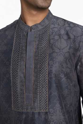 Shop_Siddhartha Bansal_Grey Silk, Chanderi Slate Bloom Printed Kurta _Online_at_Aza_Fashions
