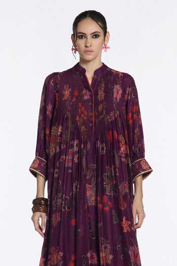 Siddhartha Bansal_Multi Color Modal, Muslin, Cotton, Vintage Plum Flora Print Kurta And Pant Set _Online_at_Aza_Fashions