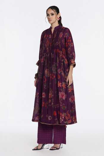 Shop_Siddhartha Bansal_Multi Color Modal, Muslin, Cotton, Vintage Plum Flora Print Kurta And Pant Set _Online_at_Aza_Fashions
