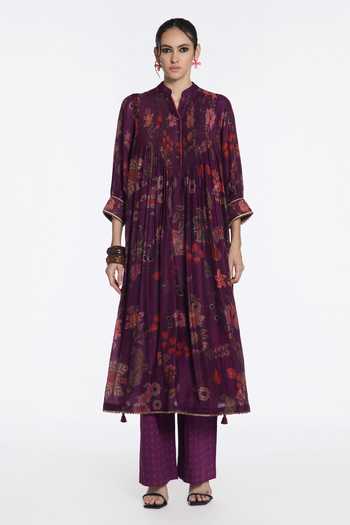 Siddhartha Bansal Vintage Plum Flora Print Kurta & Pant Set