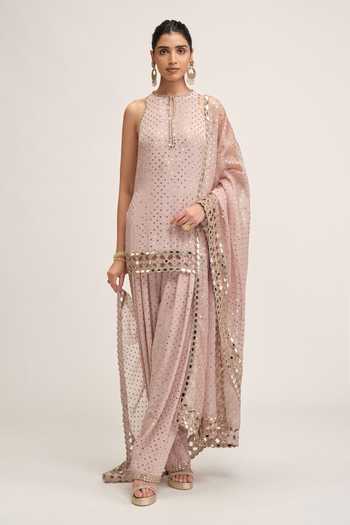 Buy Vvani By Vani Vats Pink Georgette, Organza High Neck Embroidered Kurta Salwar Set Online at Aza Fashions Buy_Vvani By Vani Vats_Pink Georgette, Organza High Neck Embroidered Kurta Salwar Set _Online_at_Aza_Fashions