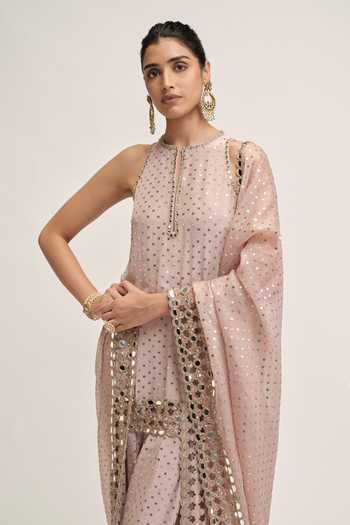 Vvani By Vani Vats Pink Georgette, Organza High Neck Embroidered Kurta Salwar Set at Aza Fashions Vvani By Vani Vats_Pink Georgette, Organza High Neck Embroidered Kurta Salwar Set _at_Aza_Fashions