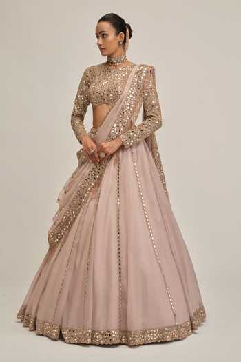 Vvani By Vani Vats_Pink Crepe, Organza Embroidered Blouse Lehenga Set _Online_at_Aza_Fashions