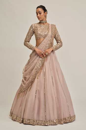 Buy_Vvani By Vani Vats_Pink Crepe, Organza Embroidered Blouse Lehenga Set _Online_at_Aza_Fashions