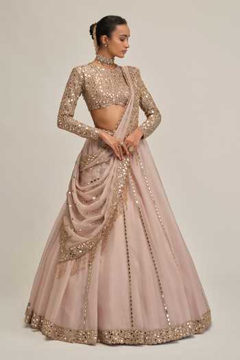 Shop_Vvani By Vani Vats_Pink Crepe, Organza Embroidered Blouse Lehenga Set _Online_at_Aza_Fashions