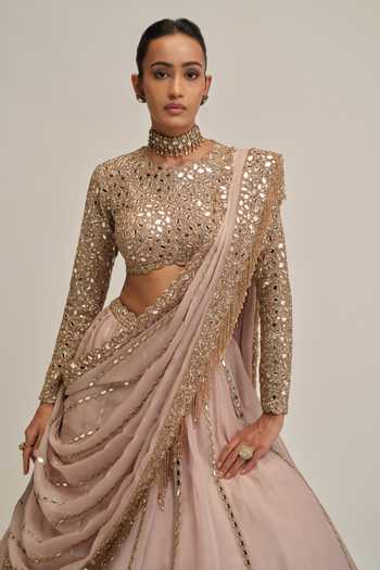 Buy_Vvani By Vani Vats_Pink Crepe, Organza Embroidered Blouse Lehenga Set 