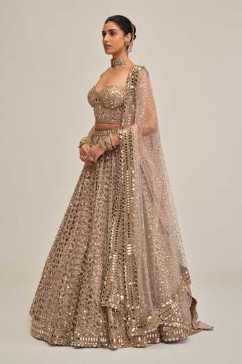 Shop Vvani By Vani Vats Beige Crepe, Georgette, Net Sequins, Mirrors, Cut Embroidered Corset Lehenga Set Online at Aza Fashions Shop_Vvani By Vani Vats_Beige Crepe, Georgette, Net Sequins, Mirrors, Cut Embroidered Corset Lehenga Set _Online_at_Aza_Fashions
