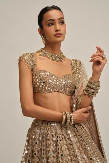 Vvani By Vani Vats Beige Crepe, Georgette, Net Big Mirror Cutwork Embroidered Lehenga Set Online at Aza Fashions Vvani By Vani Vats_Beige Crepe, Georgette, Net Big Mirror Cutwork Embroidered Lehenga Set _Online_at_Aza_Fashions