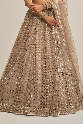Buy Vvani By Vani Vats Beige Crepe, Georgette, Net Big Mirror Cutwork Embroidered Lehenga Set Online at Aza Fashions Buy_Vvani By Vani Vats_Beige Crepe, Georgette, Net Big Mirror Cutwork Embroidered Lehenga Set _Online_at_Aza_Fashions
