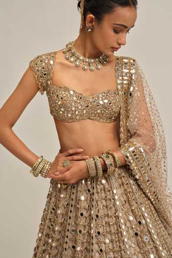 Shop Vvani By Vani Vats Beige Crepe, Georgette, Net Big Mirror Cutwork Embroidered Lehenga Set Online at Aza Fashions Shop_Vvani By Vani Vats_Beige Crepe, Georgette, Net Big Mirror Cutwork Embroidered Lehenga Set _Online_at_Aza_Fashions