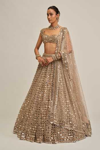 Vvani By Vani Vats Beige Crepe, Georgette, Net Big Mirror Cutwork Embroidered Lehenga Set at Aza Fashions Vvani By Vani Vats_Beige Crepe, Georgette, Net Big Mirror Cutwork Embroidered Lehenga Set _at_Aza_Fashions