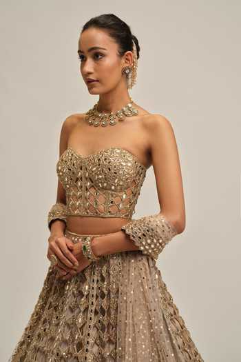 Vvani By Vani Vats Beige Crepe, Georgette, Net Sweetheart Neck Mirror Work Corset Lehenga Set Online at Aza Fashions Vvani By Vani Vats_Beige Crepe, Georgette, Net Sweetheart Neck Mirror Work Corset Lehenga Set _Online_at_Aza_Fashions