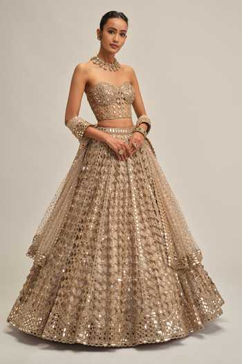 Buy Vvani By Vani Vats Beige Crepe, Georgette, Net Sweetheart Neck Mirror Work Corset Lehenga Set Online at Aza Fashions Buy_Vvani By Vani Vats_Beige Crepe, Georgette, Net Sweetheart Neck Mirror Work Corset Lehenga Set _Online_at_Aza_Fashions