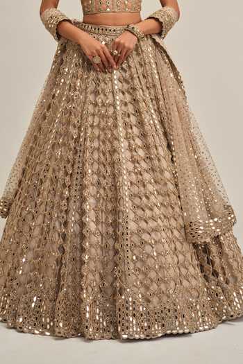 Shop Vvani By Vani Vats Beige Crepe, Georgette, Net Sweetheart Neck Mirror Work Corset Lehenga Set Online at Aza Fashions Shop_Vvani By Vani Vats_Beige Crepe, Georgette, Net Sweetheart Neck Mirror Work Corset Lehenga Set _Online_at_Aza_Fashions