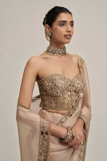 Shop Vvani by vani vats Beige Satin, Organza, Crepe Embroidery, Sequins, Border Saree With Corset Online at Aza Fashions Shop_Vvani by vani vats_Beige Satin, Organza, Crepe Embroidery, Sequins, Border Saree With Corset _Online_at_Aza_Fashions