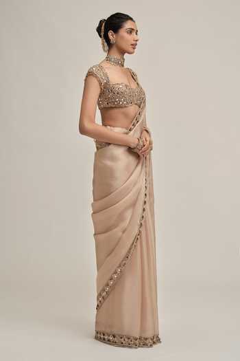 Vvani by vani vats Beige Organza, Satin, Crepe Diamond Cutwork Border Embroidered Saree Set Online at Aza Fashions Vvani by vani vats_Beige Organza, Satin, Crepe Diamond Cutwork Border Embroidered Saree Set _Online_at_Aza_Fashions