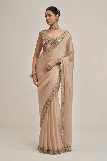 Buy Vvani by vani vats Beige Organza, Satin, Crepe Diamond Cutwork Border Embroidered Saree Set Online at Aza Fashions Buy_Vvani by vani vats_Beige Organza, Satin, Crepe Diamond Cutwork Border Embroidered Saree Set _Online_at_Aza_Fashions