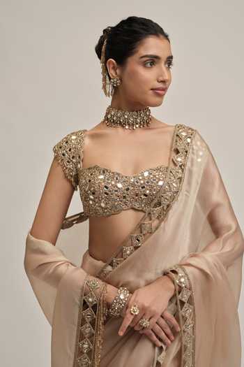 Shop Vvani by vani vats Beige Organza, Satin, Crepe Diamond Cutwork Border Embroidered Saree Set Online at Aza Fashions Shop_Vvani by vani vats_Beige Organza, Satin, Crepe Diamond Cutwork Border Embroidered Saree Set _Online_at_Aza_Fashions