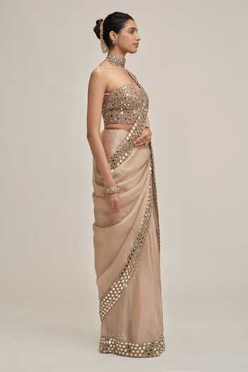 Vvani by vani vats Beige Organza, Satin, Crepe Sequins, Border Embroidered Saree With Corset Online at Aza Fashions Vvani by vani vats_Beige Organza, Satin, Crepe Sequins, Border Embroidered Saree With Corset _Online_at_Aza_Fashions