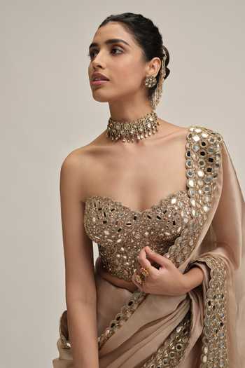 Shop Vvani by vani vats Beige Organza, Satin, Crepe Sequins, Border Embroidered Saree With Corset Online at Aza Fashions Shop_Vvani by vani vats_Beige Organza, Satin, Crepe Sequins, Border Embroidered Saree With Corset _Online_at_Aza_Fashions