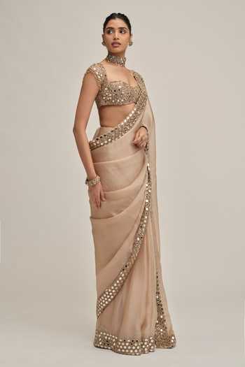 Vvani by vani vats Beige Organza, Satin, Crepe Sweetheart Neck Mirror Embroidered Saree With Blouse Online at Aza Fashions Vvani by vani vats_Beige Organza, Satin, Crepe Sweetheart Neck Mirror Embroidered Saree With Blouse _Online_at_Aza_Fashions